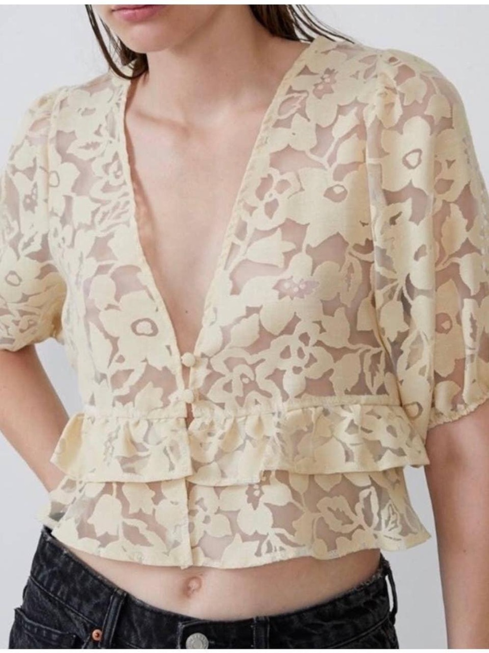Zara Sheer Floral Ruffle Cropped Blouse - Cream